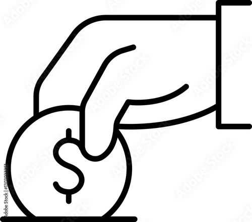 Hand placing a coin with a dollar sign. line icon