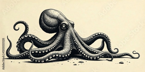 Intricate Cephalopod Illustration A Detailed Drawing of an Octopus Resting on the Ocean Floor photo