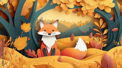 Paper art style of autumn landscape with happy fox sitting in a forest illustration