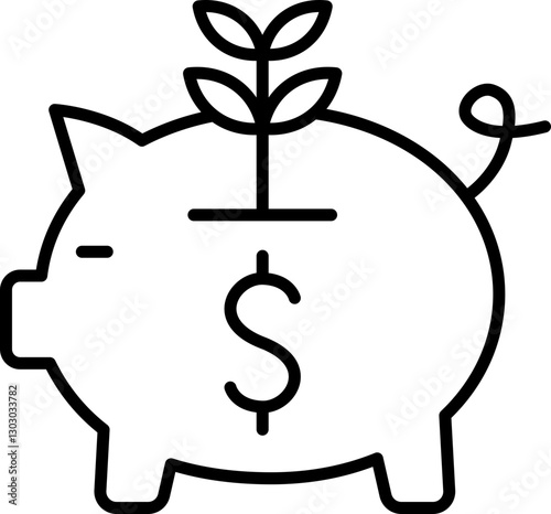 Piggy bank with a plant growing from it line icon