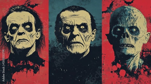 Creepy monster portraits on colorful background.