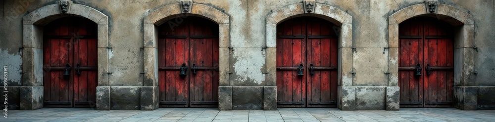 Four imposing prison doors, weathered wood, heavy iron grills, iron, collection, bars Four imposing prison doors, weathered wood, heavy iron grills, iron, collection, bars