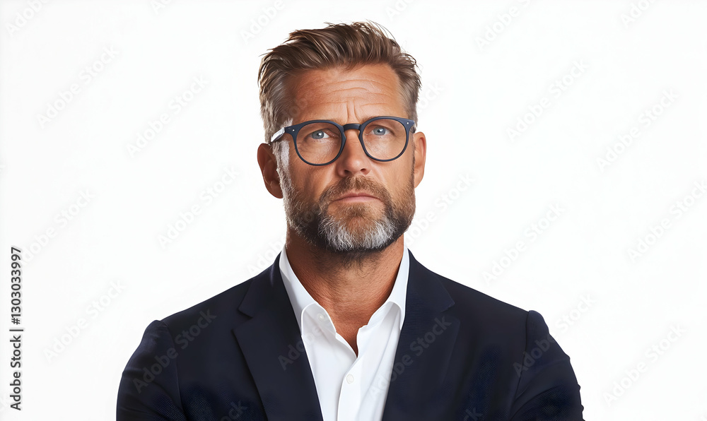 Confident Business Man in Formal Attire with Glasses Against White Background Confident Business Man in Formal Attire with Glasses Against White Background