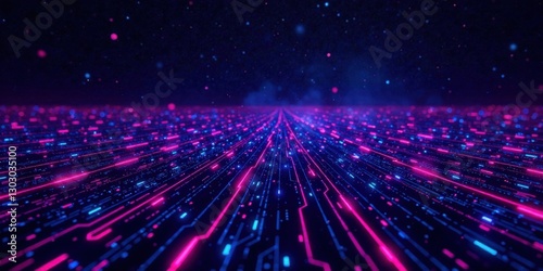 Abstract Futuristic Digital Network Pathway Showing Flow of Data and Information with Glowing Lines and Particles in Vibrant Pink and Blue Hues