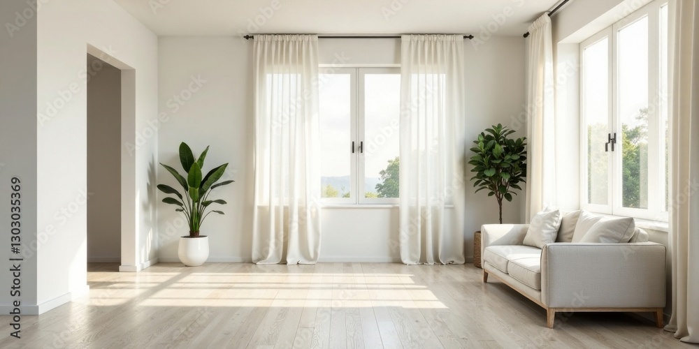 Fototapeta premium Serene Minimalist Living Room Interior Design with Sunlight Streaming Through Sheer Curtains and Light Wood Flooring