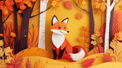 Paper art style of autumn landscape with happy fox sitting in a forest