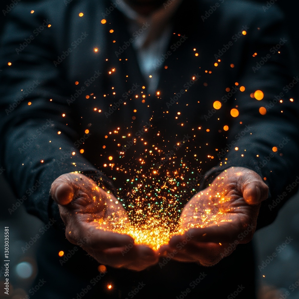 Sparkling Magic: Hands Gesturing Golden Light in Night Celebration Sparkling Magic: Hands Gesturing Golden Light in Night Celebration