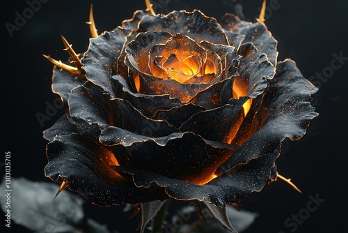 Glowing black rose with fiery center and golden highlights photo