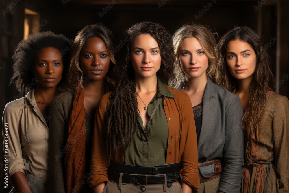 Fototapeta premium Five diverse women standing together in a rustic setting, showcasing confidence and solidarity in their unique styles