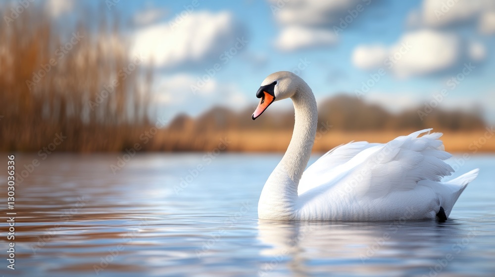 Serene White Swan on Calm Water Under Partly Cloudy Sky Serene White Swan on Calm Water Under Partly Cloudy Sky