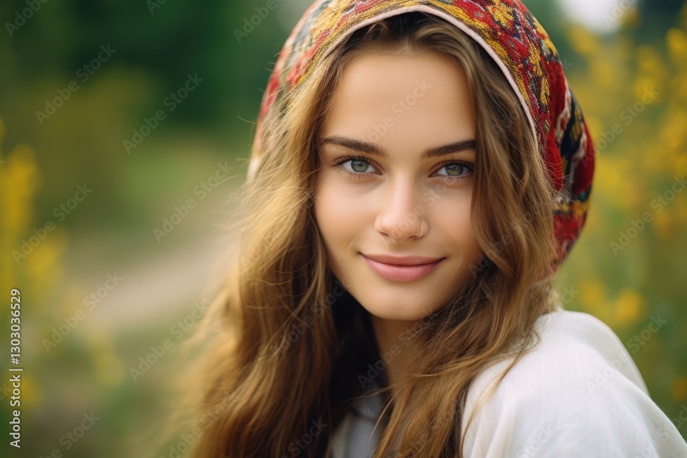 Naklejka premium Young woman with long hair and a colorful headscarf smiles in a garden during golden hour near a blurred background of flowers