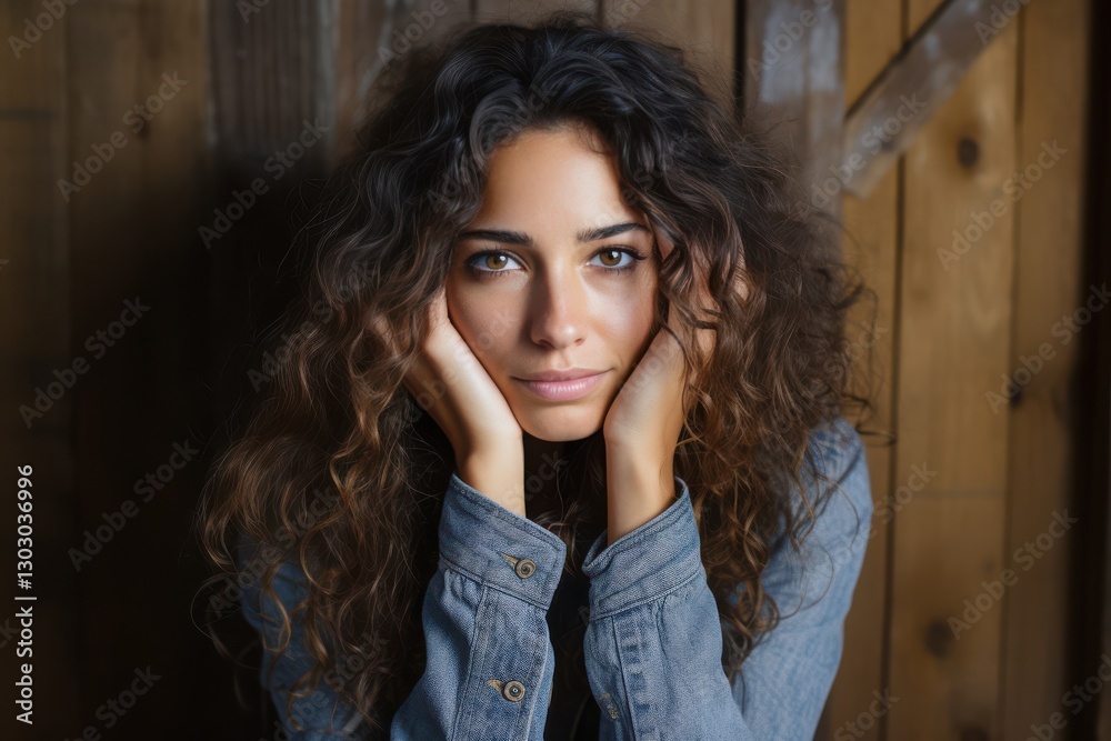 Fototapeta premium Portrait of a woman with curly hair in a wooden setting, conveying emotion and introspection in soft lighting