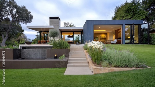 Modern Residential Home with Elegant Landscaping and Steps