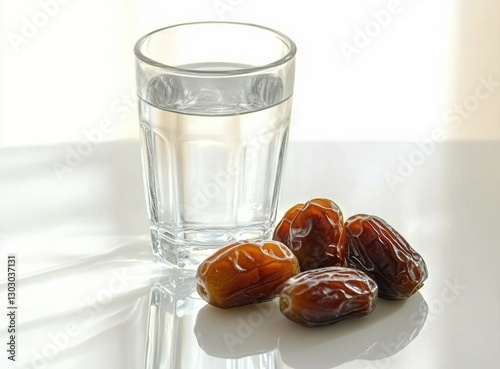 Ripened dates, water glass signaling iftar meal during ramadan spiritual observance