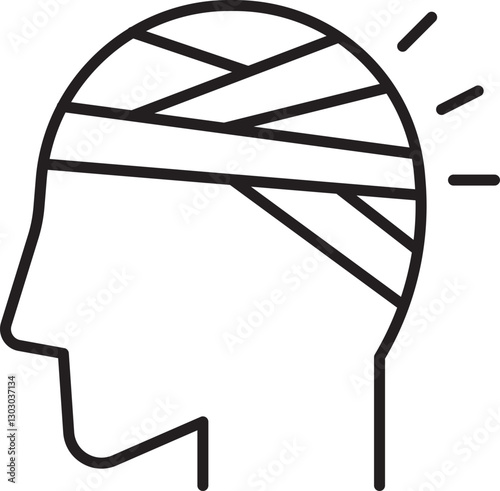 Injured head silhouette with bandages line icon