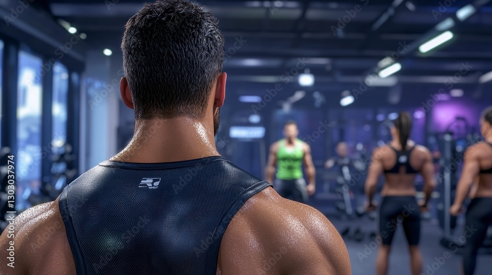 Fototapeta premium Sweaty Muscular Man's Back in Dark Gym, Others Exercising