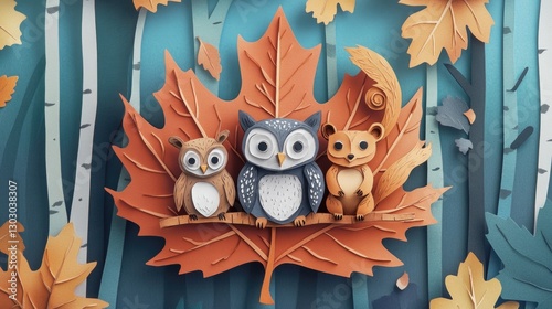 Paper cut autumn maple leaf with owl