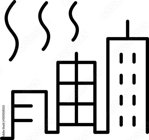 City skyline with smoke rising line icon
