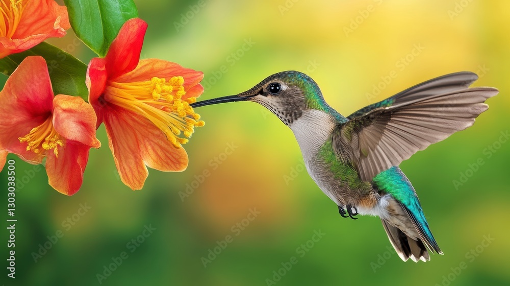 Obraz premium Vibrant Hummingbird Feeding on Orange Flower, Detailed Closeup