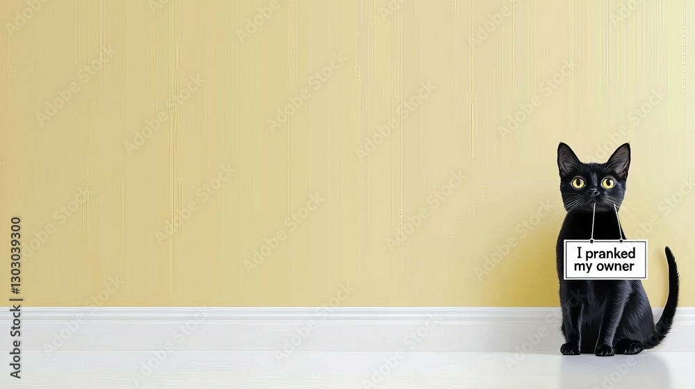 Fototapeta premium April Fools Day concept. A black cat sits against a yellow wall holding a sign that reads 