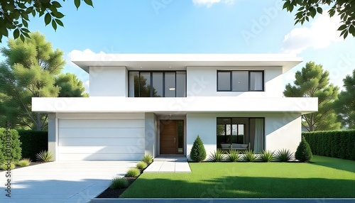 Una casa moderna de dos pisos con techo plano y líneas limpias, con un telón de fondo de cielo azul y follaje verde