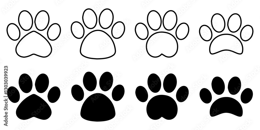 Fototapeta premium Paw icons vector for web and mobile app. Paw print sign and symbol. Dog or cat paw. Line and solid icons.