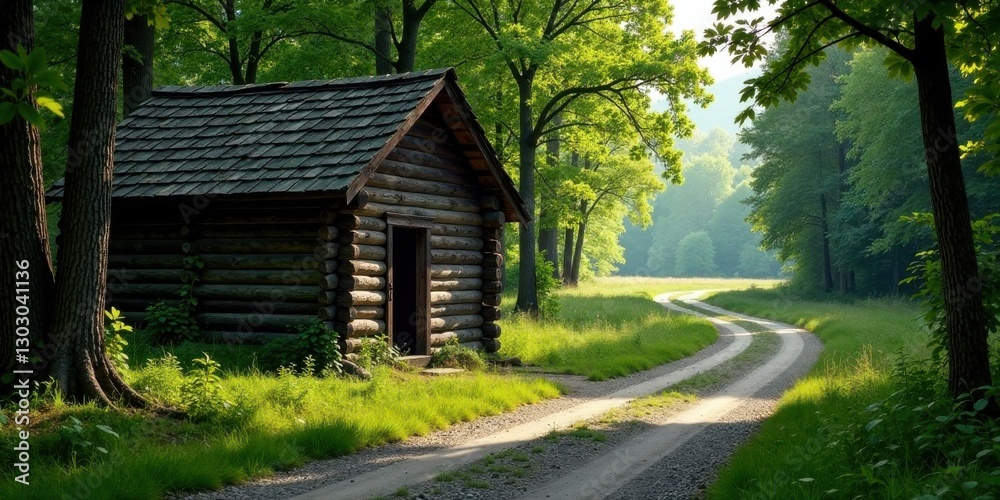 Rustic log cabin nestled beside a winding forest path bathed in morning sunlight, creating a tranquil and idyllic scene. Rustic log cabin nestled beside a winding forest path bathed in morning sunlight, creating a tranquil and idyllic scene.