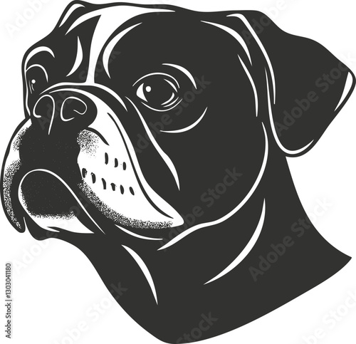 Stylized black and white illustration of a boxer dog's head.