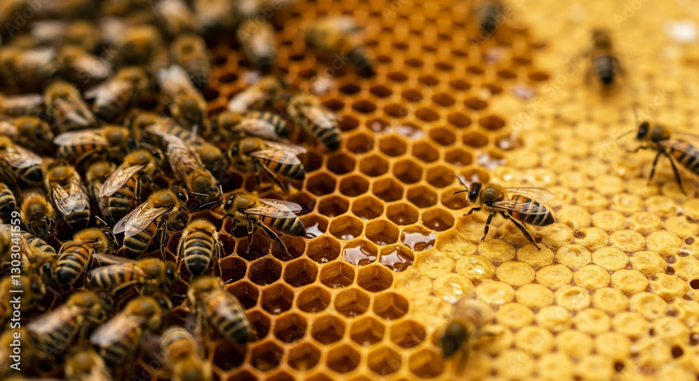 Close-Up of Honey Bees Working on a Golden Honeycomb, Showcasing Natural Beekeeping and the Perfect Hexagonal Structure Close-Up of Honey Bees Working on a Golden Honeycomb, Showcasing Natural Beekeeping and the Perfect Hexagonal Structure