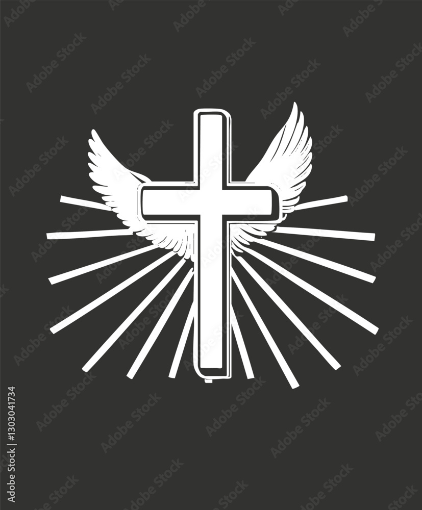 Illustration of a cross with wings and radiating lines on a dark background. Illustration of a cross with wings and radiating lines on a dark background.