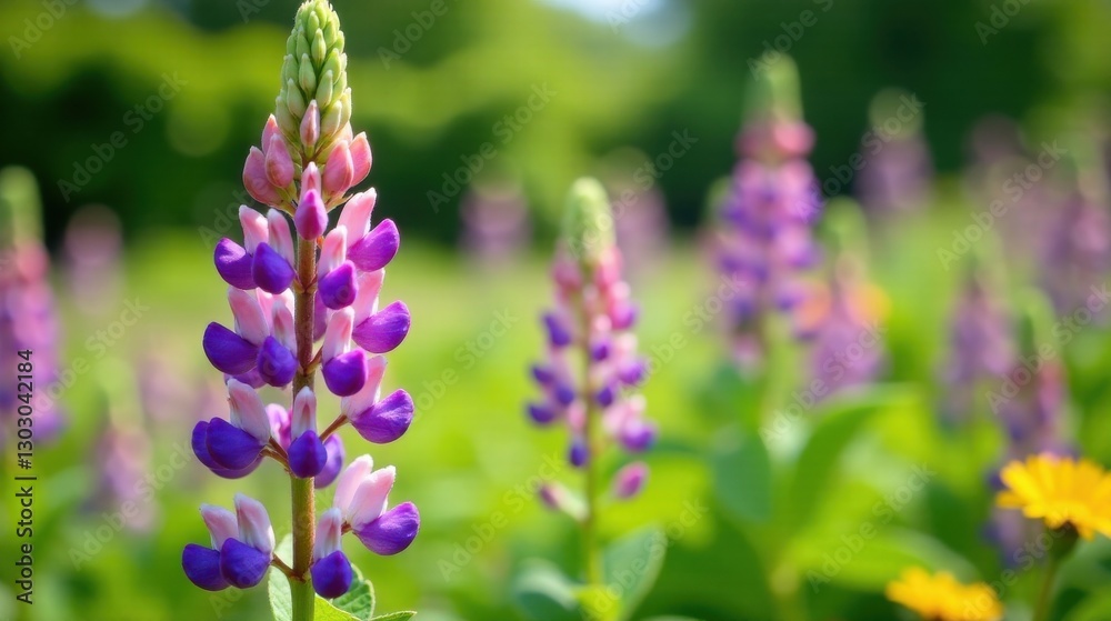 Fototapeta premium Vibrant purple and pink lupine flowers blooming in a sunlit meadow, showcasing their delicate petals and tall stems amidst a bokeh background of other blossoms.