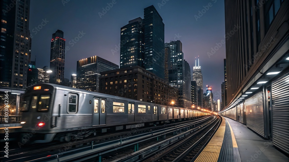 Naklejka premium Night Cityscape Urban Train Station with Modern Architecture and Dramatic Lighting