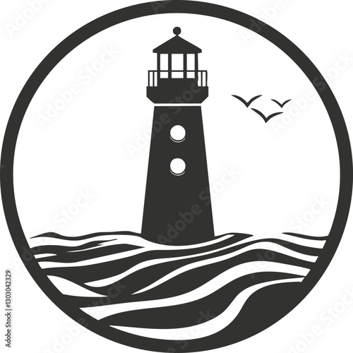 Black and white lighthouse icon with waves and birds in a circle.