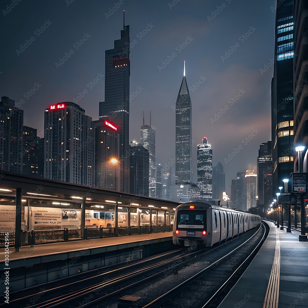 Fototapeta premium Night Cityscape Urban Train Station with Modern Architecture and Dramatic Lighting