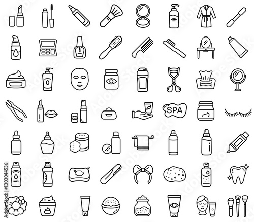 Collection of beauty and self-care accessories icons on transparent background
