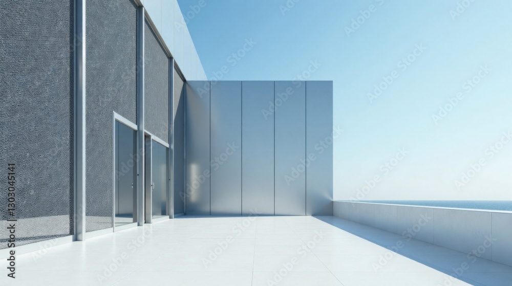 Obraz premium Modern Architectural Design Ocean View Terrace with Glass Doors and Metal Panels