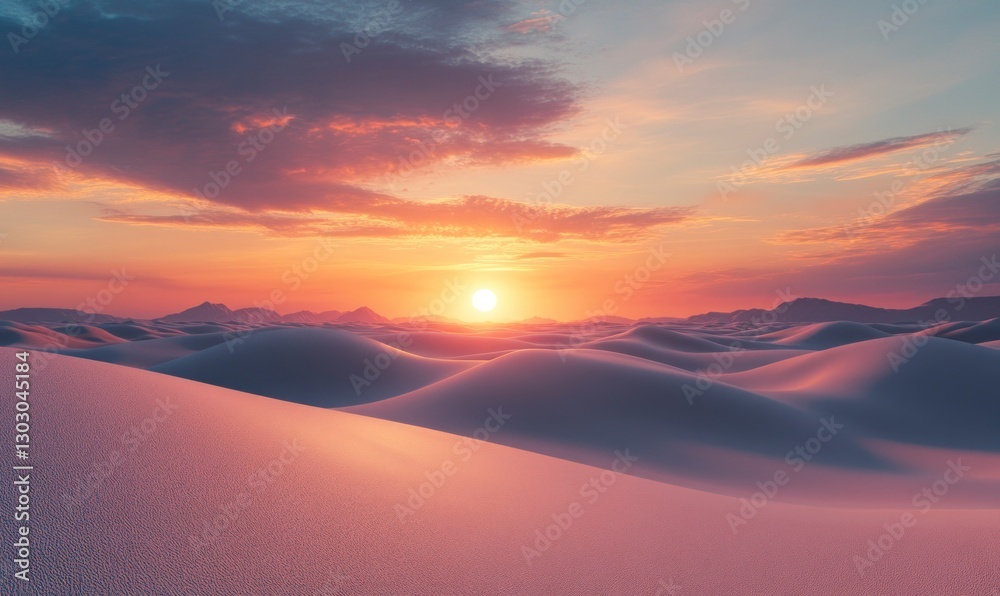 beautiful desert landscape at sunset, with the sun setting behind rolling sand dunes. The sky is painted in warm hues of orange and pink as it gently cascades over the tranquil scene beautiful desert landscape at sunset, with the sun setting behind rolling sand dunes. The sky is painted in warm hues of orange and pink as it gently cascades over the tranquil scene