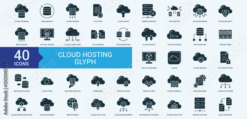 Cloud hosting glyph icon collection set with cloud storage, data backup, cloud server, file sync