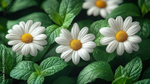 white daisy flower with fresh green mint leaves isolated,cartoon illustration