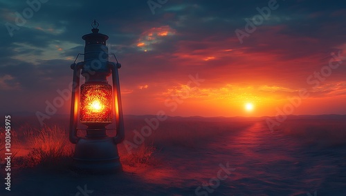 Vintage Lantern Glowing Warmly Against a Stunning Sunset in a Tranquil Landscape