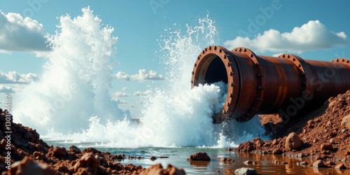 Powerful water discharge from industrial pipe expelling a forceful surge of liquid