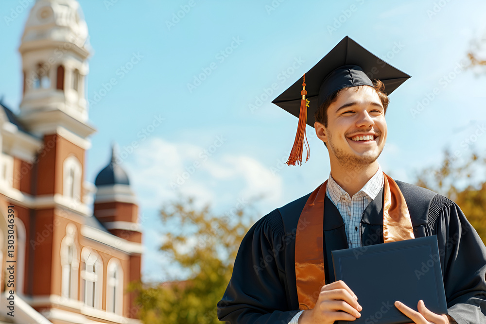 Young caucasian male graduate smiling in graduation cap and gown outdoors near university building Young caucasian male graduate smiling in graduation cap and gown outdoors near university building
