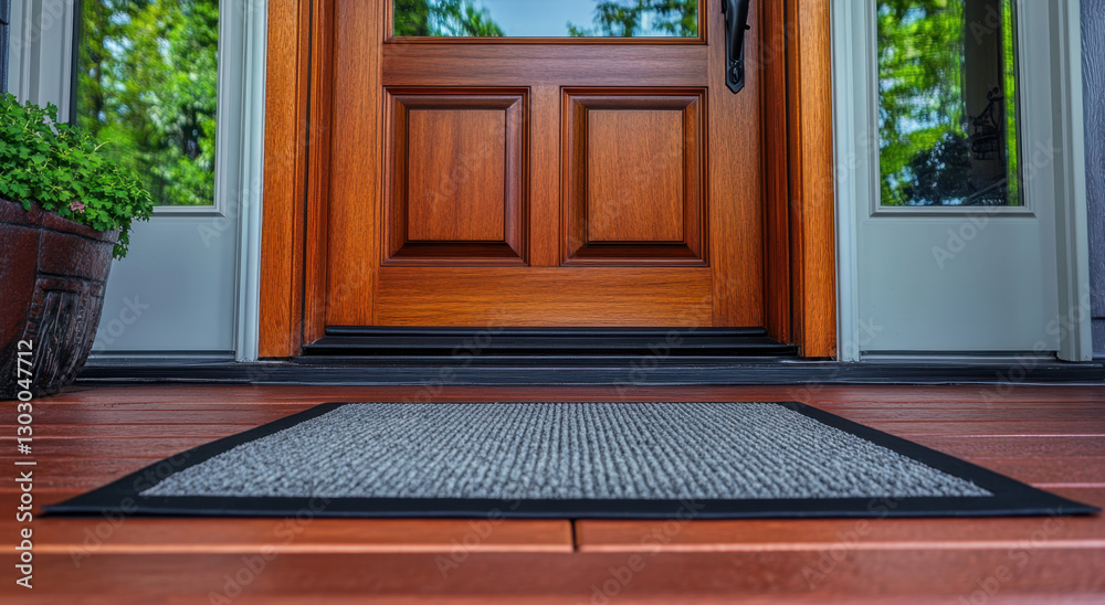 Fototapeta premium The front entrance features elegant double wooden doors complemented by a stylish welcome mat on the porch, surrounded by greenery