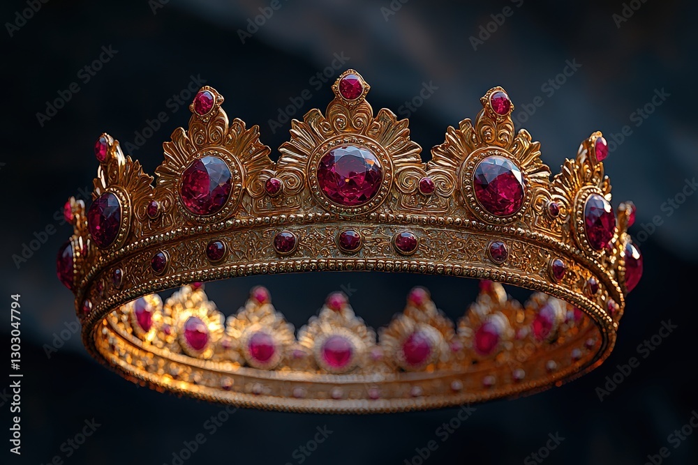 Majestic gold crown adorned with ruby jewels on dark background Majestic gold crown adorned with ruby jewels on dark background