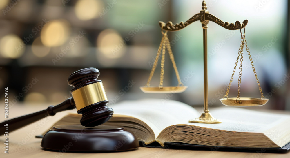 A gavel sits beside scales of justice atop an open legal book, symbolizing the rule of law in a peaceful courtroom environment A gavel sits beside scales of justice atop an open legal book, symbolizing the rule of law in a peaceful courtroom environment