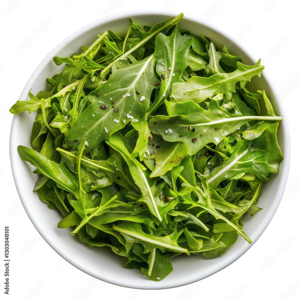 Fresh arugula salad topped with a sprinkle of sea salt in a white bowl isolated on transparent background. Fresh arugula salad topped with a sprinkle of sea salt in a white bowl isolated on transparent background.