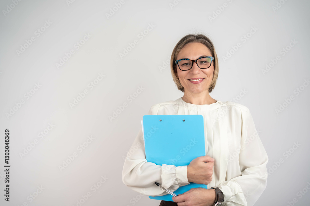 Photo of gorgeous blond secretary woman with long curly hair writing down notes in clipboard while working in office Photo of gorgeous blond secretary woman with long curly hair writing down notes in clipboard while working in office