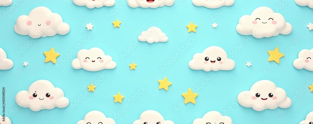 Whimsical seamless pattern of smiling clouds and stars on a light blue background, seamless, star Whimsical seamless pattern of smiling clouds and stars on a light blue background, seamless, star