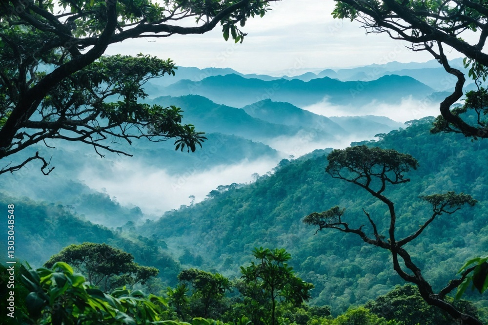 Obraz premium Aerial view of a buA breathtaking vista unfolds as ethereal mists and wisps of fog dance beneath a resplendent emerald canopy, creating an enchanting spectacle of contrasting elements and otherworldly