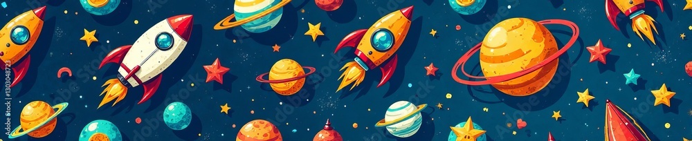 Naklejka premium Whimsical seamless doodle toy pattern featuring rockets, aliens, and planets, adventure, imagination